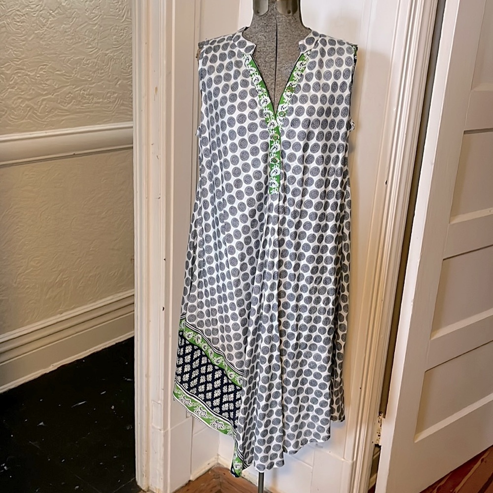 Seven Islands Blue White Green Boho Tapestry Printed Beachy Coverup Dress size M